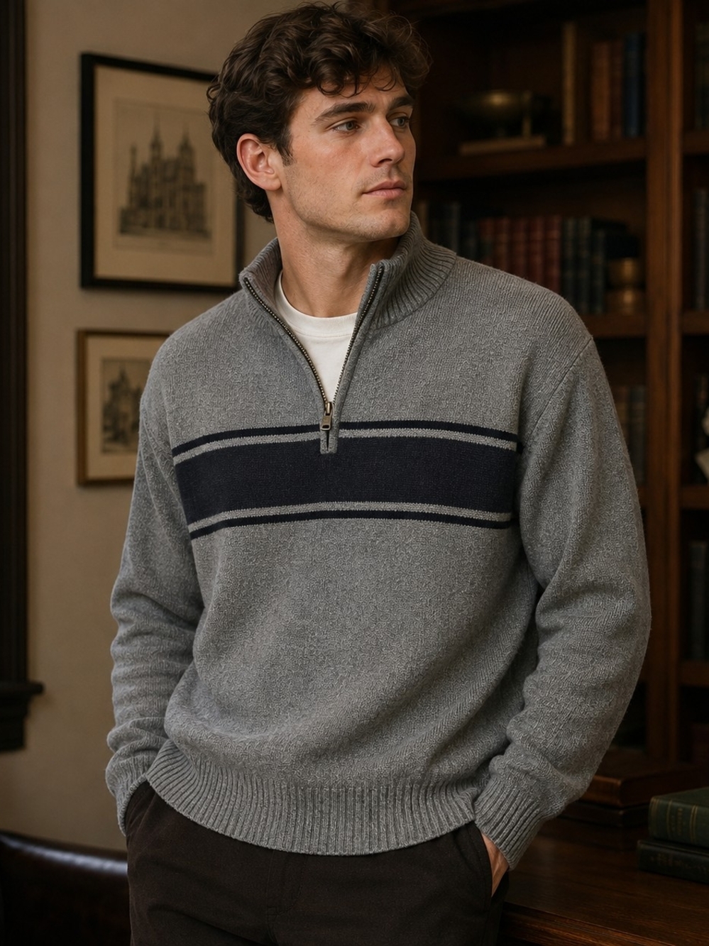 Oscar de la Renta Mens 1/4 Zip Sweater Gray Striped Knit Pullover Size XL Preppy
